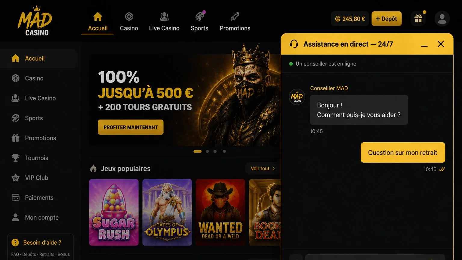 Service client par chat en direct – Mad Casino Avis