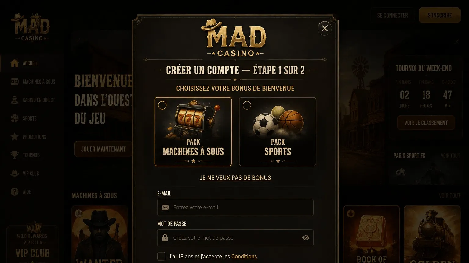 Inscription sur Mad Casino – formulaire en deux étapes