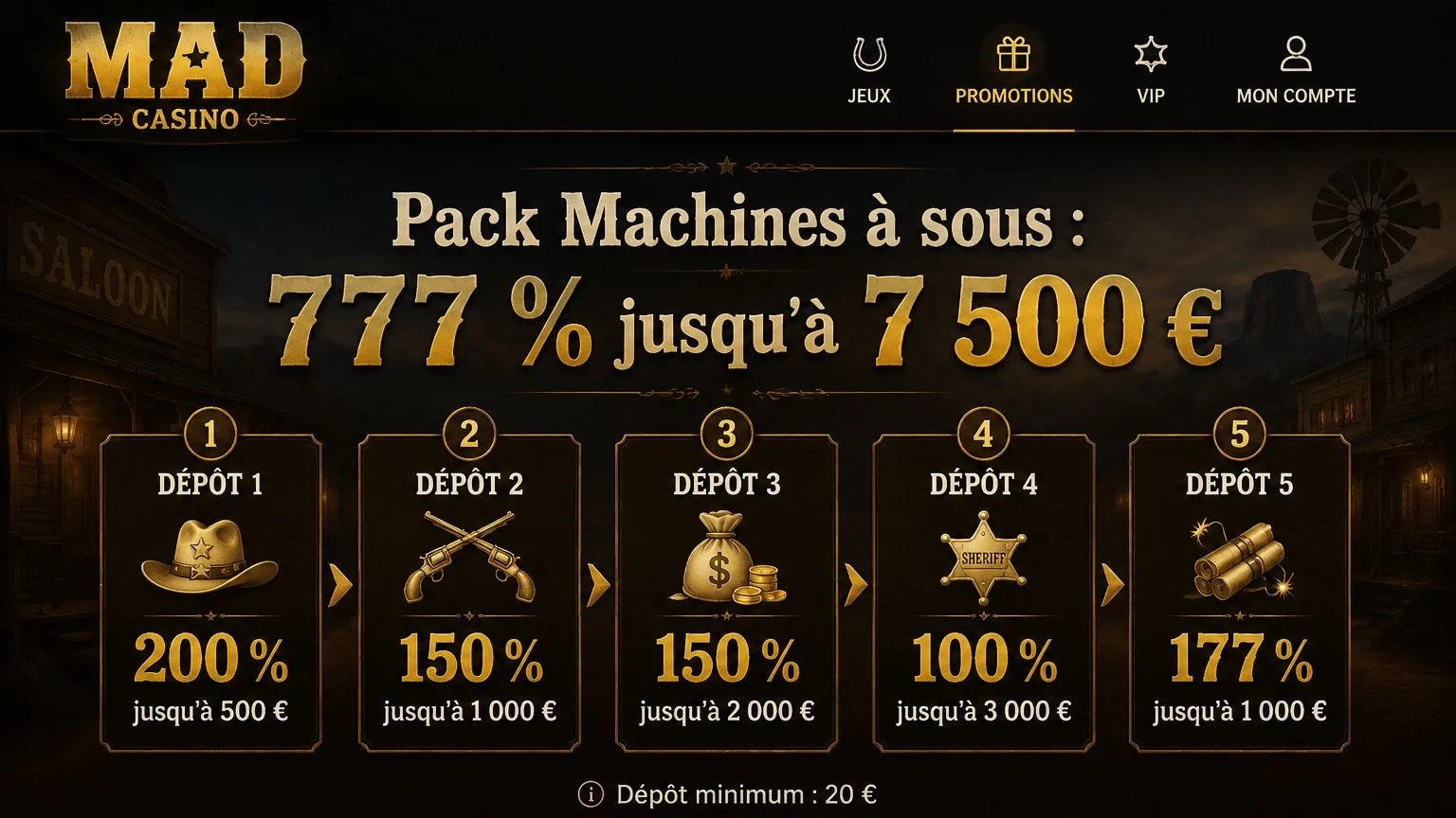 Offres d'accueil Mad Casino – pack de bienvenue 777 % sur cinq dépôts